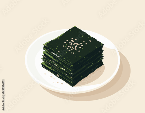 Stack of seasoned seaweed sheets with sesame seeds on white plate traditional Korean side dish