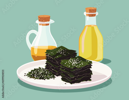 Dry Seaweed nori sheets with sesame oil bottles traditional Asian healthy snack rice