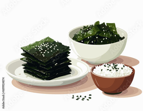 Dry seaweed sheets nori with rice bowl seasoning traditional Asian healthy meal snack