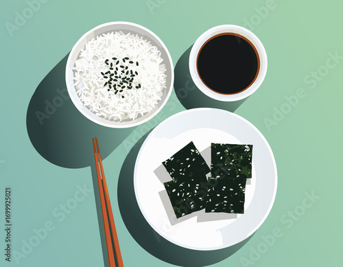 Korean meal setup with seaweed rice bowl soy sauce chopsticks traditional Asian dining dinner