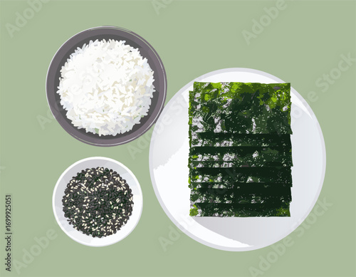 Asian seaweed nori sheets rice bowl Crispy roasted sesame seeds traditional meal setup