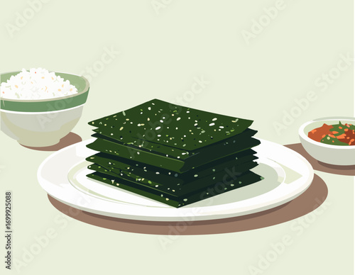 Stack of seasoned seaweed nori sheets sesame seeds rice bowl Asian healthy meal preparation