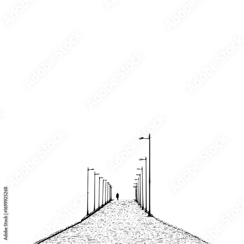 Black and white illustration of a person walking down a path lined with streetlights in a drawing style