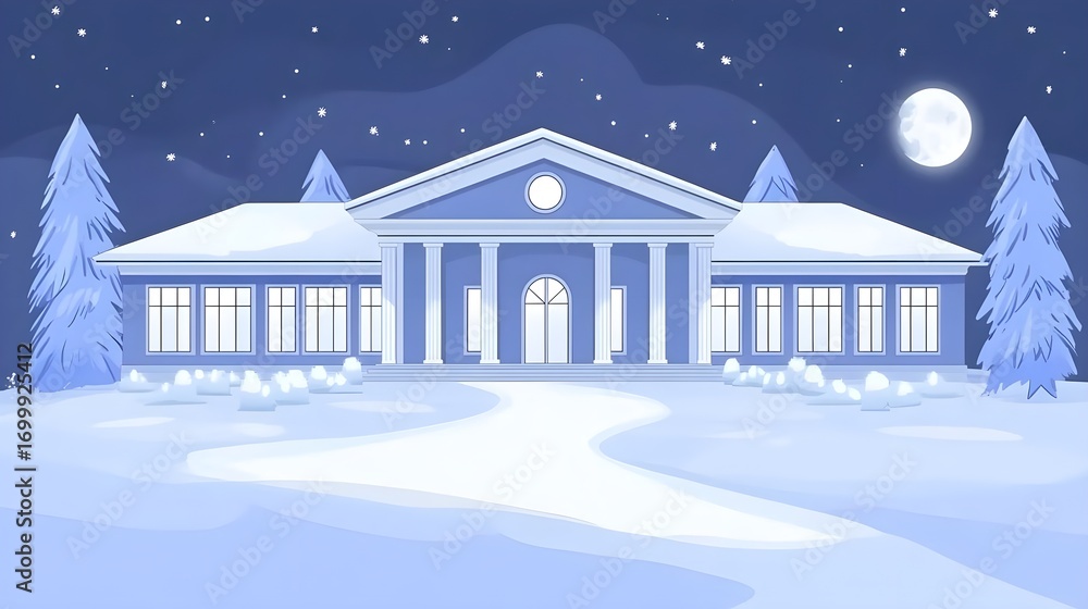 Fototapeta premium Winter wonderland scene featuring a snow-covered mansion at night digital art peaceful atmosphere