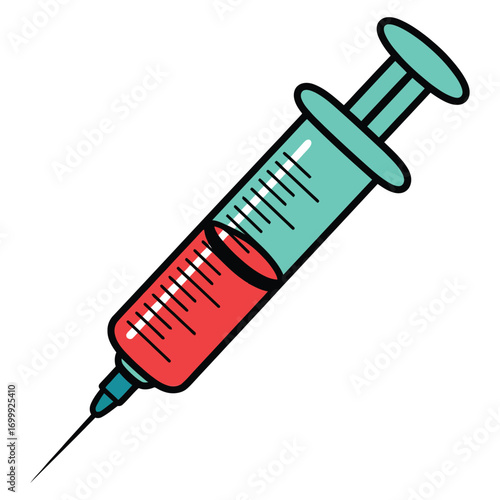 Hand drawn illustration of a medical syringe filled with red liquid and a sharp needle