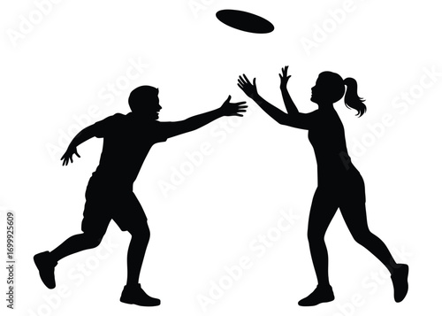Silhouette of a man and woman playing frisbee outdoors on a white background