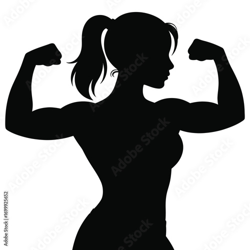 Silhouette of a strong woman flexing her biceps muscles with a ponytail