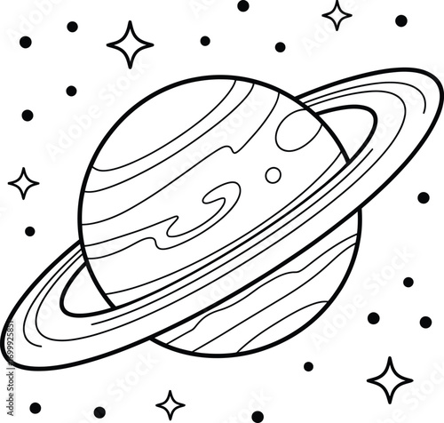 Simple outline drawing of saturn with rings and stars in space for coloring