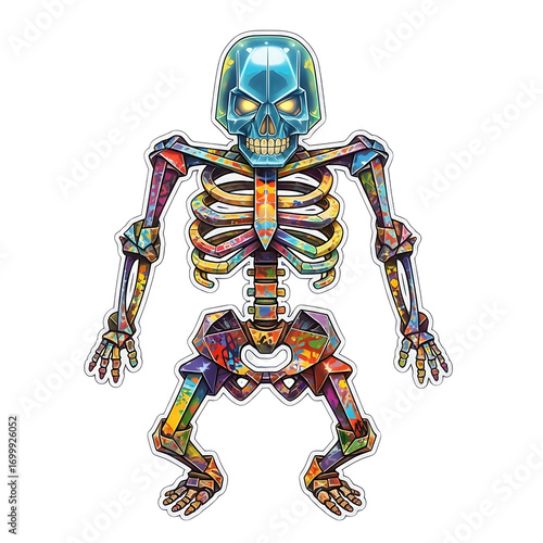 Colorful skeleton with geometric shapes isolated on transparent background, a vibrant and modern art