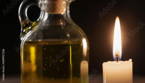 A glass bottle of olive oil and a lit candle in a warm still life. Atmospheric scene with a glowing flame against a dark background. Relaxation and aromatherapy concept.
