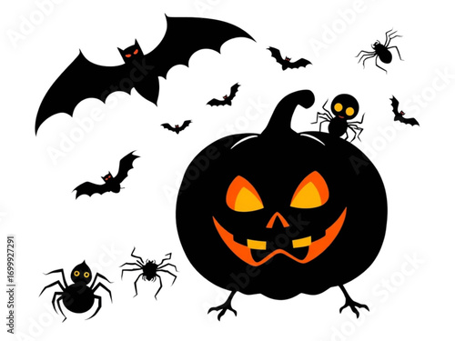 Spooky New Vector Silhouette Design for Halloween Day, Featuring Bats, Spiders, and a Scary Smiling Pumpkin on a Transparent Background.