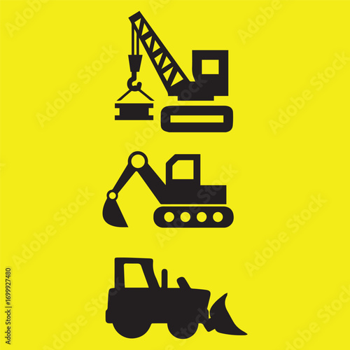 Set of construction vehicle icons on yellow background. Silhouette illustrations of crane, excavator, and bulldozer, symbolizing heavy equipment and industrial machinery