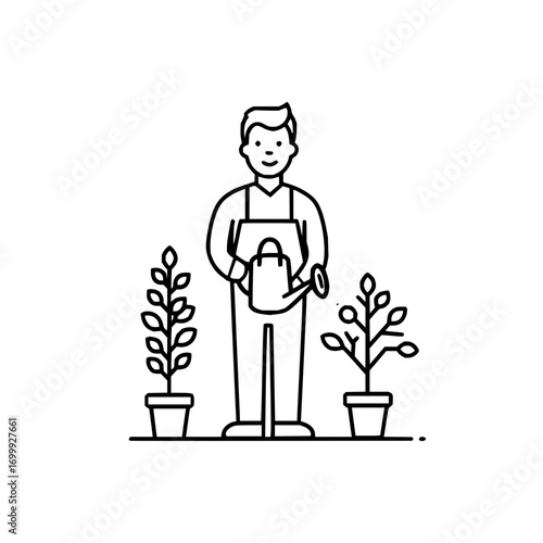 A person in overalls holding a watering can standing between two potted plants in a line drawing style