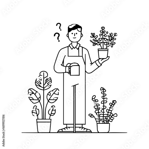 Man in overalls surrounded by potted plants with question marks above his head in a line drawing