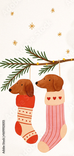 HOLIDAY DACHSHUNDS INSIDE CHRISTMAS SOCKS CUTE ILLUSTRATION