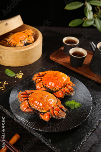 Steamed Yangcheng Lake Hairy Crabs with Tea - Traditional Chinese Seafood Cuisine Closeup
