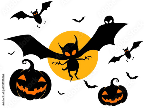 Dynamic and Terrifying: This New Vector Silhouette Illustration for Halloween Day Showcases a Mix of Spooky Pumpkins, Bats, and a Special Alien Bat on a Transparent Background.