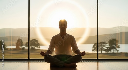 A person meditates indoors framed by a large window overlooking a calm lake mountains and trees at sunset with a light halo