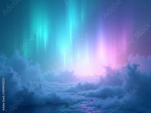 Abstract atmospheric background, aurora borealis inspired gradients in teal, purple, and pink, soft mist, glowing veil texture