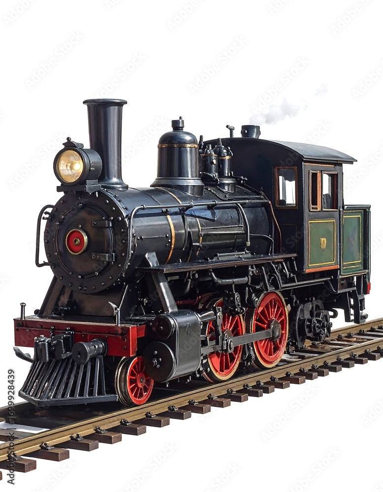 Fototapeta premium A detailed, antique-style steam locomotive, black and dark green, sits on its tracks against a pure white background.
