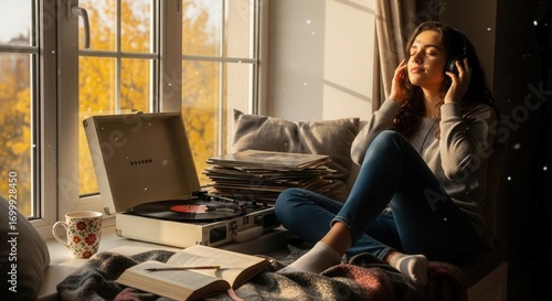 A person relaxes by a window enjoying music from a record player surrounded by records a book and a warm drink bathed in golden sunlight