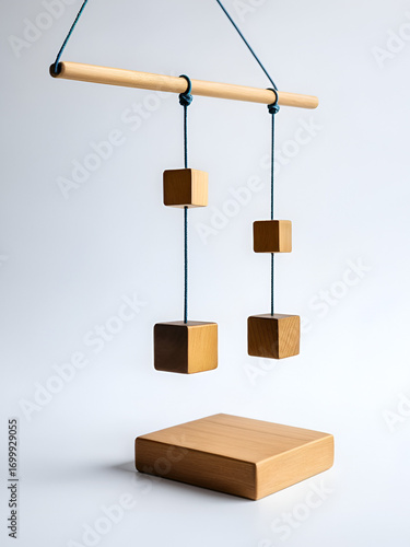 Asymmetry. Balancer Game with Wooden Cubes on Swing Scale Representing Information Asymmetry