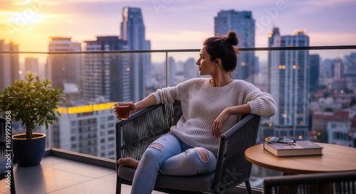 A person sits on a balcony chair at sunset holding a drink overlooking a city skyline A potted plant and a table with a book are nearby