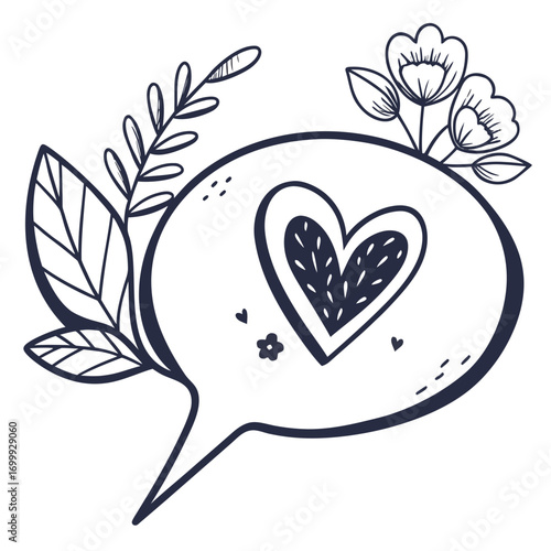 Expressing affection with a charming hand-drawn speech bubble featuring a decorative heart and floral elements, perfect for heartfelt messages and declarations of love.