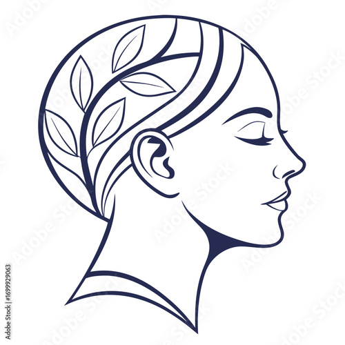 Elegant profile of a woman's face with intricate leaf-like patterns woven into her hair, symbolizing nature's beauty and serene contemplation, perfect for wellness and beauty brands