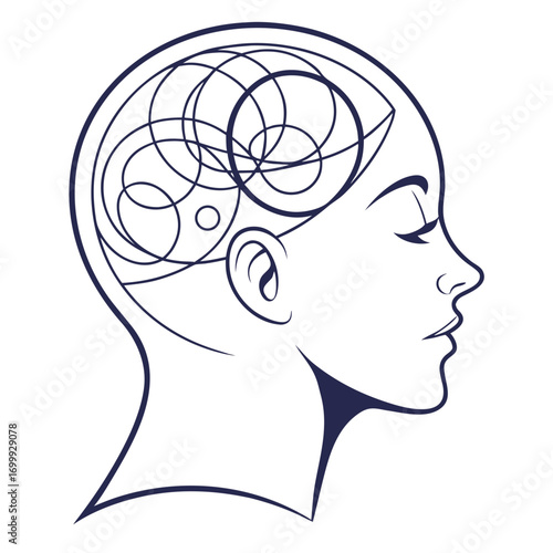 Elegant abstract profile of a woman's head with intricate geometric patterns symbolizing thought and creativity, perfect for innovative concepts.