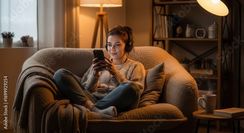 A person wearing headphones sits on a textured couch looking at a smartphone in a warmly lit room with a book and steaming mug nearby