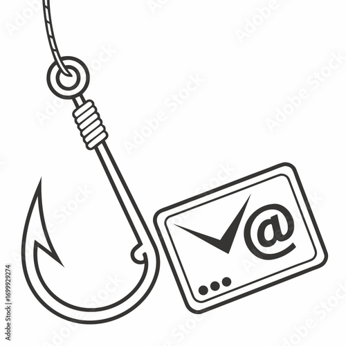 Fishing hook and email symbol represent cyber security threat and online scam, highlighting digital danger and phishing tactics for urgent prevention awareness