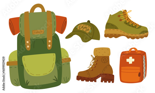 Camping items set. Flat color illustration with insulation. Backpack, cap, men's hiking shoes, women's hiking shoes, first aid kit bag. Design for postcards. Picnics, hiking, camping