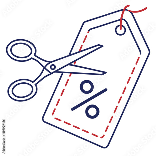 Dynamic scissors cutting a percentage discount tag, symbolizing savings, deals, and promotional offers for smart shoppers seeking value and affordability.