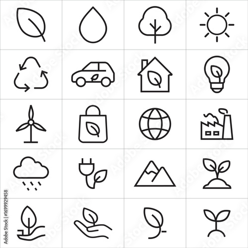 Eco-friendly line icon set featuring nature sustainability recycling and renewable energy concepts