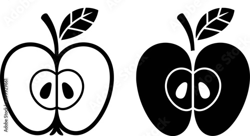 Simple Outline and Solid Silhouette Graphics of a Halved Apple Showing Seeds and Stem with Leaves Highlighting its Core Structure and Natural Form for Visual Representation
