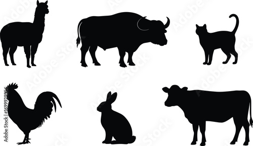 Silhouette of farm and domestic animals on white background, includes cat, cow, bull, rabbit, rooster, alpaca, livestock icons