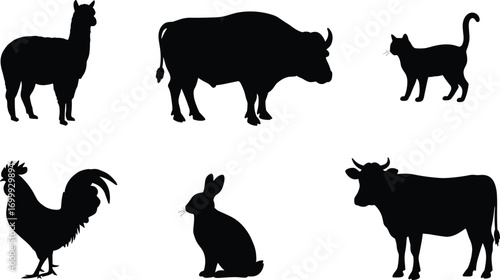 Silhouette of farm and domestic animals on white background, includes cat, cow, bull, rabbit, rooster, alpaca, livestock icons