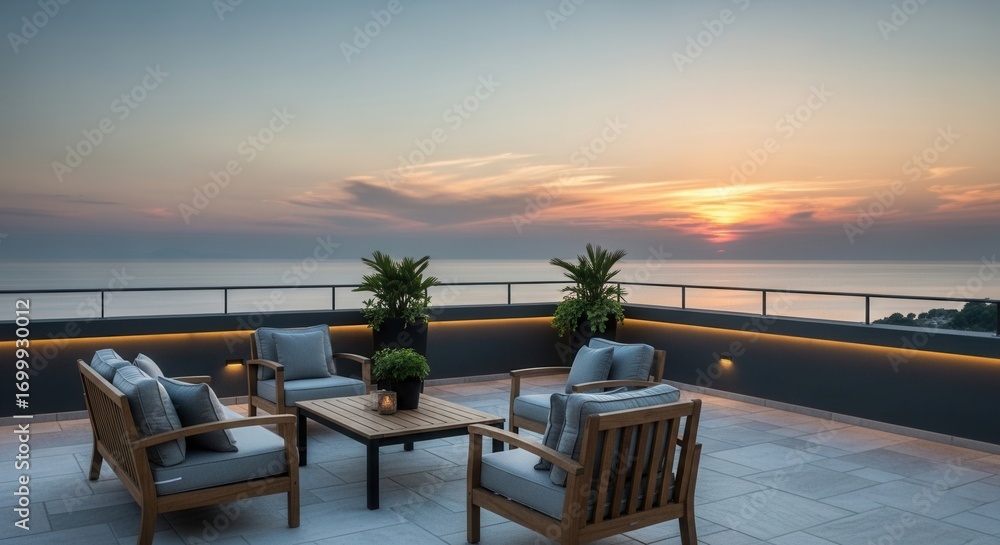 Fototapeta premium A rooftop terrace with modern wooden and cushioned outdoor furniture potted plants and linear lighting overlooking an ocean sunset