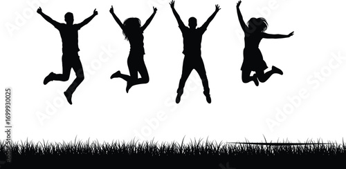 Happy group of friends jumping together in the air, celebrating outdoors, joyful people having fun, active lifestyle, friendship happiness