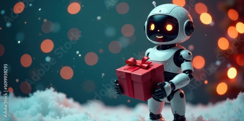 Smiling robot holding gift box, holiday surprise, box, holiday present