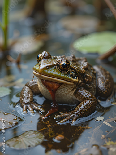 European Spadefoot Toad, Pelobates fuscus, with leech attached to neck. Wild frog with a parasite sucking blood in wetland. Amphibian resting in a wetland.