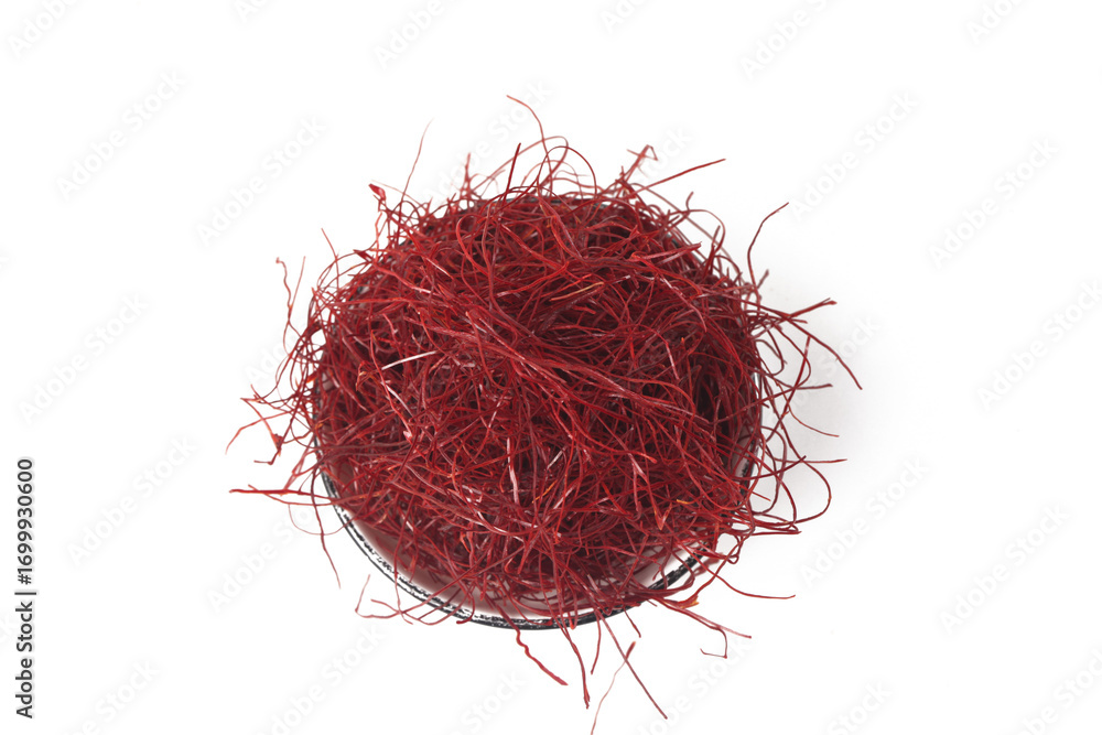 Fototapeta premium Red Dried Shredded Chili Peppers in Glass Bowl on White Background