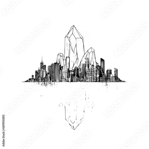 Black and white drawing of a city skyline with tall buildings and crystal peaks reflected below in water