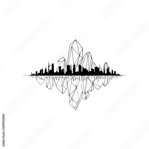 A black and white skyline silhouette reflected with geometric shapes in a mirrored symmetrical design