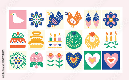 A joyful doodle collage with multiple festive objects including doves, heart-decorated cakes, ribbon-wrapped candles, and swans symbolizing love and eternity
