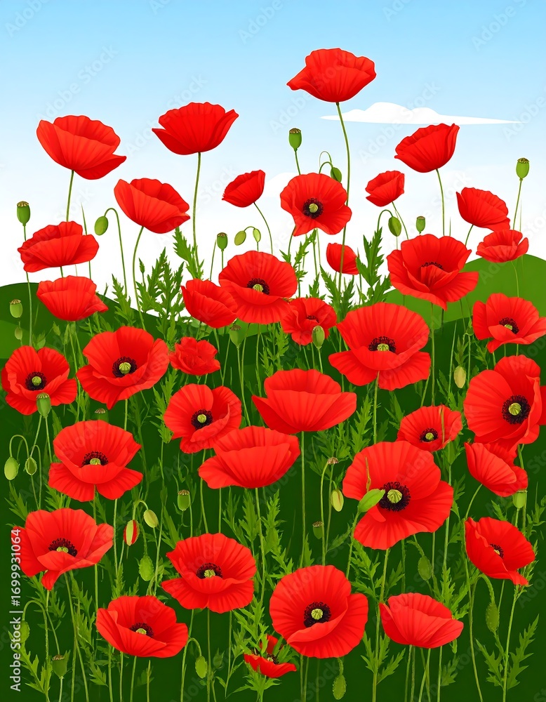 Obraz premium Vivid red poppies flourish in a vibrant green field under a clear sky.
