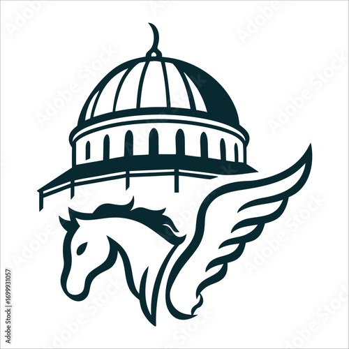 Dome of the Rock & Buraq Minimalist Outline Leilat al Miraj Dome of the Rock outline with a minimalist winged horse Buraq below