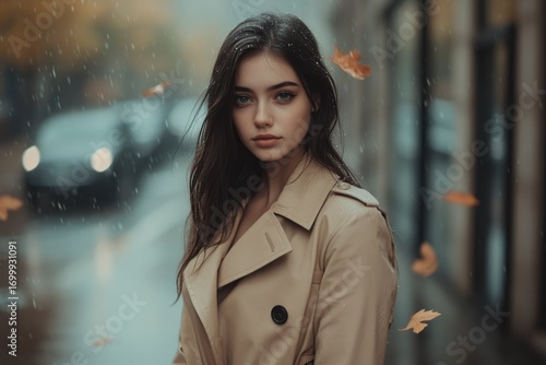A young woman with long brown hair stands in the rain wearing a beige trench coat, autumn leaves fall around her.