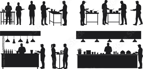 Silhouettes of chefs and people in kitchen, cooking, preparing food, interacting at counter, food service teamwork, restaurant scene, vector illustration